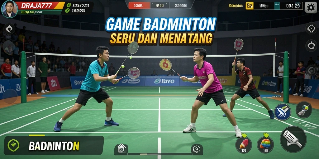 Tampilan antarmuka DRAJA777 yang menarik dengan karakter badminton.